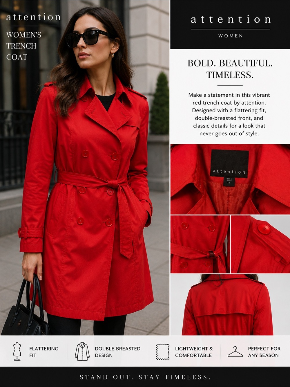 attention Red Double-Breasted Belted Trench Coat size Large